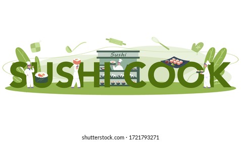 Rótulos de restaurante y el concepto de cabecera tipográfica del chef de sushi. Chef de sushi en delantal con utensilios de cocina. Trabajador profesional en la cocina. Ilustración vectorial aislada en estilo caricaturista