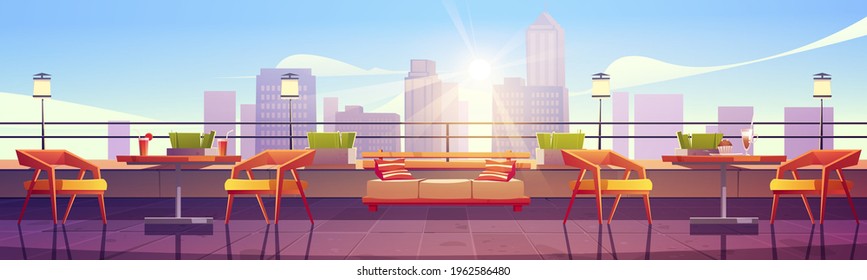 Restaurant at rooftop terrace on city view background. Empty patio with tables and chairs on skyscraper roof. Outdoor cafe area for relax or recreation daytime cityscape Cartoon vector illustration