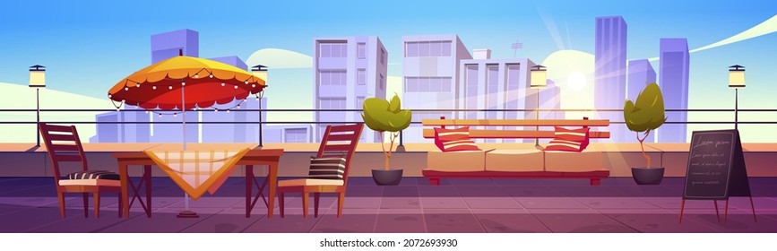 Restaurant at rooftop terrace on city view background. Empty patio with table, chairs and chalkboard menu on skyscraper roof. Outdoor cafe area for relax or recreation, Cartoon vector illustration