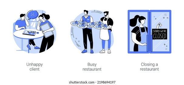 Restaurant Routine Isolated Cartoon Vector Illustrations Set. Unhappy Client Complaining About A Dish In Restaurant, Busy Cafe, Waiter With Many Plates, Closing A Restaurant Vector Cartoon.