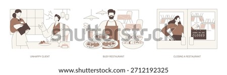 Restaurant routine isolated cartoon vector illustrations set. Unhappy client complaining about a dish in restaurant, busy cafe, waiter with many plates, closing a restaurant vector cartoon.