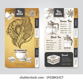 Restaurante de diseño de menú del té real. Esbozo decorativo de tetera. Estilo vintage