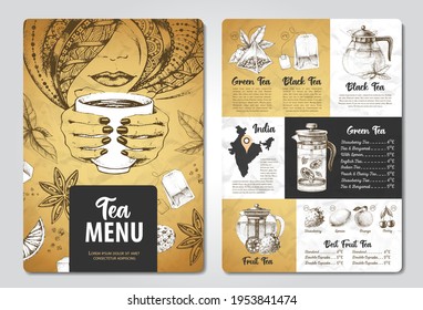 Restaurant Royal Tea menu design. Decorative sketch of teapot. Vintage style