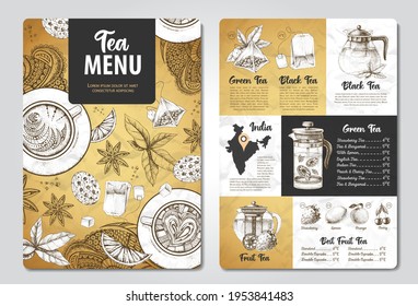 Restaurant Royal Tea menu design. Decorative sketch of teapot. Vintage style