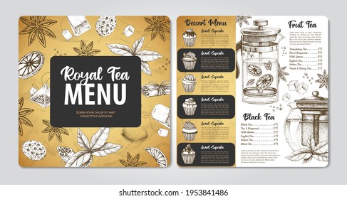 Restaurante de diseño de menú del té real. Esbozo decorativo de tetera. Estilo vintage