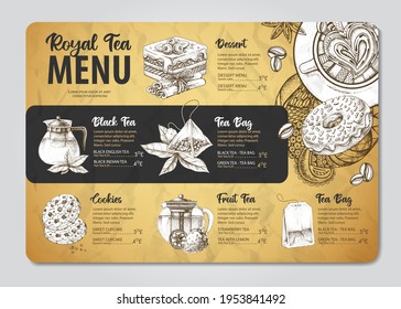 Restaurant Royal Tea menu design. Decorative sketch of teapot. Vintage style