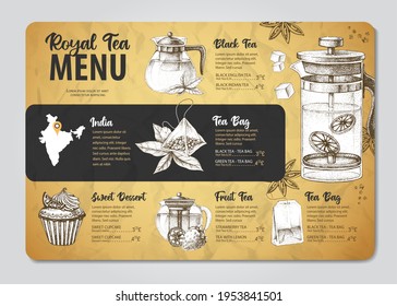 Restaurant Royal Tea Menü Design. Dekorative Teekizze. Vintage-Stil