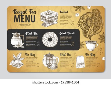 Restaurant Royal Tea menu design. Decorative sketch of teapot. Vintage style