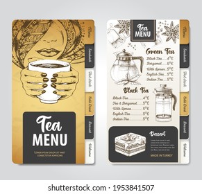 Restaurant Royal Tea menu design. Decorative sketch of teapot. Vintage style