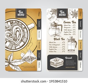 Restaurant Royal Tea menu design. Decorative sketch of teapot. Vintage style