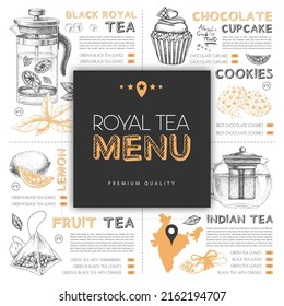 Restaurante de diseño de menú de té real con elementos de té a mano. Ilustración del vector