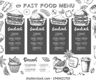 Restaurant sandwich menu design. Decorative sketch of sandwiches. Fast food menu