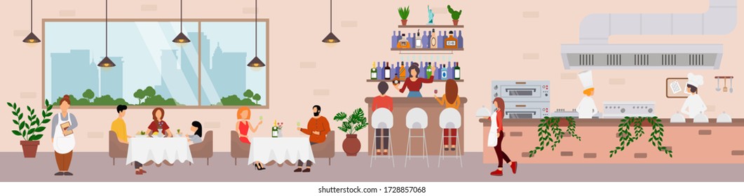 Restaurant scene set, vector flat style design illustration. Chefs cooking in kitchen, waitress serving visitors, people at bar counter. Restaurant catering food service concept for poster banner etc.