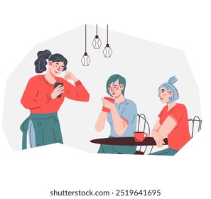 Restaurant scenery with smiling waitresses serving customers, flat vector illustration isolated on white background. Coffee house or restaurant emblem or design element.