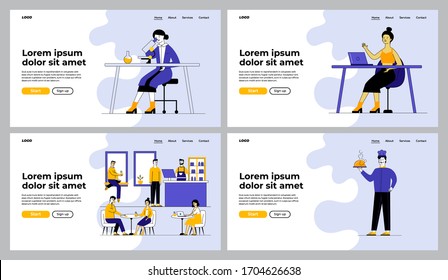 Restaurant, scientific, internet activities set. Chemical experiment, video chat, cook with dish, cafe. Flat vector illustrations. Job, business concept for banner, website design or landing web page