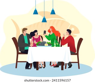 Restaurant seafood dinner vector illustration. Meal food for cartoon people character, eating flat fish cuisine isolated on white. Color delicious background, graphic simple design.