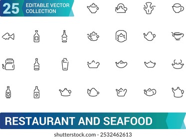 Restaurant and seafood line icons set. Related to Fish, Menu, Breakfast, drink, kitchen and more. Editable and pixel perfect web and ui icon collection. 