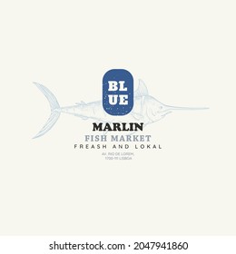 Restaurant And Seafood Logo With Name And Graphic Sign Blue Marlin. Sea Food Vector Logo Template With Atlantic Blue Marlin. Fish Illustration In Sketch Style, Badge For Your Design, Printing, Label.