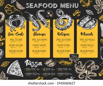 Restaurant seafood menu design. Decorative sketch of seafood. Fast food menu