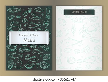 Restaurant seafood menu with hand drawn doodle elements. Vector illustration for menu, posters, prints, banners, web design, covers