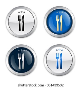 Restaurant seal or icon with fork and knife symbol. Glossy silver seal or button.