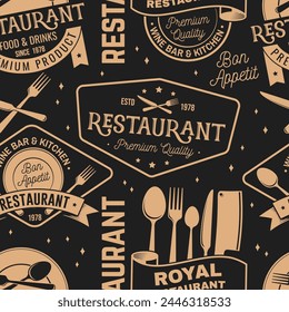 Restaurant seamless pattern or background. Vector Illustration. Fabric, textile, wallaper with plate, cloche with lid, fork and knife.