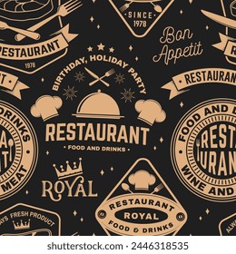 Restaurant seamless pattern or background. Vector Illustration. Fabric, textile, wallaper with plate, cloche with lid, fork and knife.