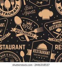Restaurant seamless pattern or background. Vector Illustration. Fabric, textile, wallaper with plate, cloche with lid, fork and knife.