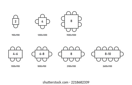 Restaurant Seating Capacity.
Rectangle Tables With Sizes Line Icon Set. Top View Scheme. Vector Illustration