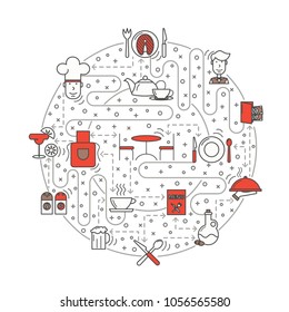 Restaurant service concept vector illustration. Modern thin line art flat style design element with chef, meal, kitchenware, tableware icons in circle for website banners and printed materials.