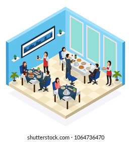 Restaurant service isometric composition with waitresses and clients at tables with food and drink vector illustration 