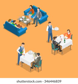 Restaurant service isometric flat vector concept. People are communicating and eating at restaurant.