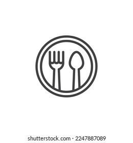 Icono de línea de servicio de restaurante. signo de estilo lineal para concepto móvil y diseño web. Icono vectorial de la horquilla de placa y de la cuchara. Símbolo, ilustración del logotipo. Gráficos vectoriales