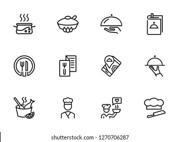 Restaurant service line icon set. Set of line icons on white background. Menu, stewpan, plate, chef. Food concept. Vector illustration can be used for topics like eating, drinking, resting