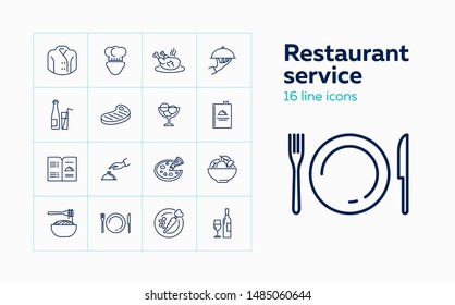 Restaurant service line icon set. Chef, meal, menu. Catering concept. Can be used for topics like cafe, cooking, occupation