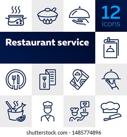 Restaurant service line icon set. Set of line icons on white background. Menu, stewpan, plate, chef. Food concept. Vector illustration can be used for topics like eating, drinking, resting