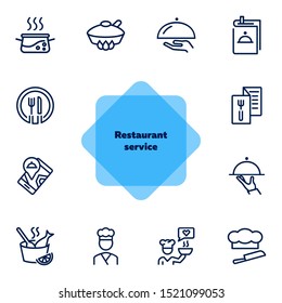 Symbol für die Restaurantdienstleitung. Satz von Zeilensymbols auf weißem Hintergrund. Menü, Stewpan, Teller, Küchenchef. Lebensmittelkonzept. Vektorgrafik kann für Themen wie Essen, Trinken, Ruhen verwendet werden