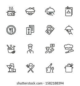 Restaurant service line icon set. Set of line icons on white background. Menu, stewpan, plate, chef. Food concept. Vector illustration can be used for topics like eating, drinking, resting