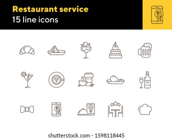 Restaurant service line icon set. Rate, wine, meat course, waiter bow isolated outline sign pack. Restaurant business concept. Vector illustration symbol elements for web design.