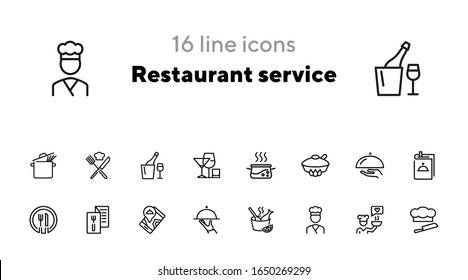 Restaurant service line icon set. Set of line icons on white background. Menu, stewpan, plate, chef. Food concept. Vector illustration can be used for topics like eating, drinking, resting
