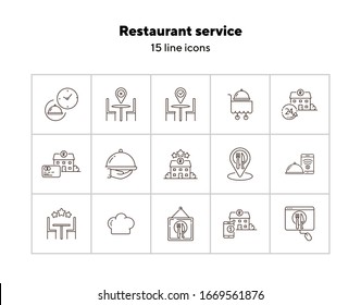 Restaurant service line icon set. Dish on hand, credit card payment, table, three stars isolated outline sign pack. Restaurant business concept. Vector illustration symbol elements for web design.