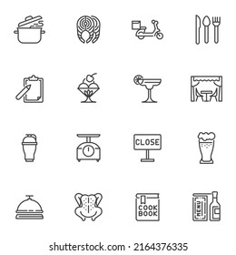 Restaurant service line icons set, outline vector symbol collection, linear style pictogram pack. Signs, logo illustration. Set includes icons as food delivery, ice cream, food and drinks, cook book