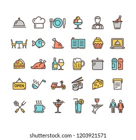 Restaurant Service Signs Color Thin Line Icon Set Include of Fish, Cocktail and Chicken. Vector illustration of Icons