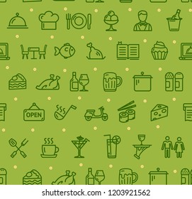 Restaurant Service Signs Seamless Pattern Background on a Green Include of Cloche, Receipt, Chair and Meal. Vector illustration