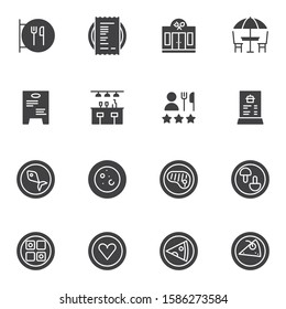 Restaurant service vector icons set, modern solid symbol collection, filled style pictogram pack. Signs, logo illustration. Set includes icons as bar counter, service staff feedback, food serving