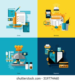 Restaurant services design concept set with food order and payment flat icons isolated vector illustration