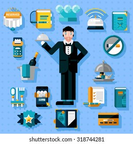 Restaurant services icons set with butler figure serving food isolated vector illustration