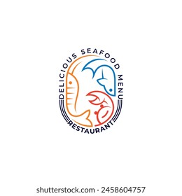 Restaurant serving seafood logo, shrimp, fish and crab icons