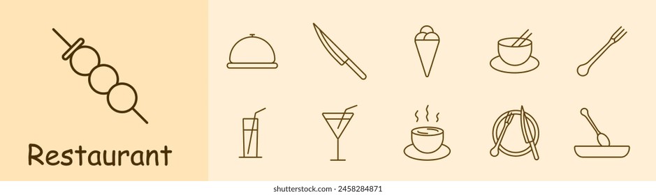Icono de restaurante. Cloche, cuchillo de chef, helado, tazón de fideos, palillos chinos, tenedor, vaso de cóctel, copa de vino, entrada, sopa, plato caliente, cubiertos, dango. Concepto de comida gourmet.