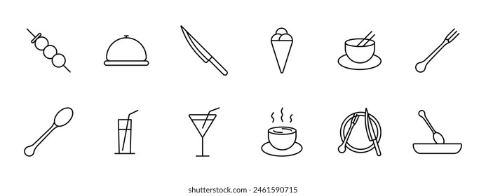 Restaurant set icon. Cloche, chef knife, ice cream, noodle bowl, chopsticks, fork, cocktail glass, wine glass, entree, soup, hot dish, cutlery, dango. Gourmet food concept.